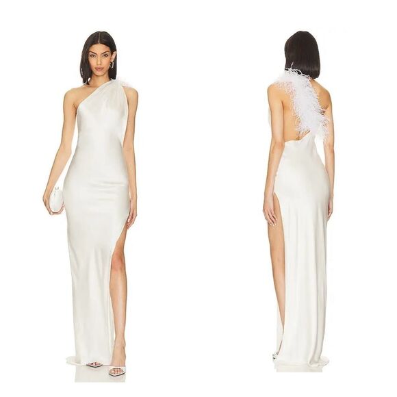 NWT MadeByIla One Shoulder Feather Trim Open Back Silk Emma Gown White $1200 - Picture 1 of 15